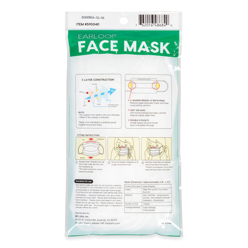 Earloop Disposable Face Mask, 3-ply Non-woven, Large, 7/pack
