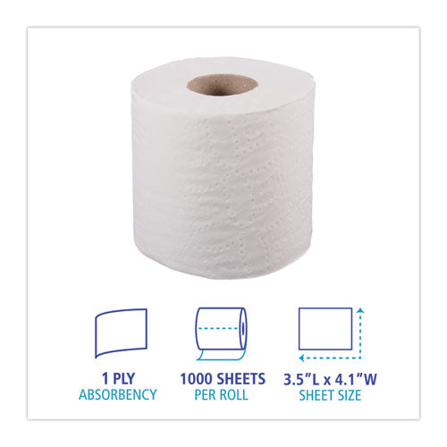 1-ply Toilet Tissue, Septic Safe, White, 1,000 Sheets, 96 Rolls/carton