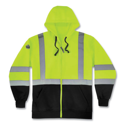 Glowear 8372 Zipup Hivis Class 3 Zip Hood Sweatshirt W/ Black Bottom, Polar Fleece, Lime, Medium, Ships In 1-3 Business Days
