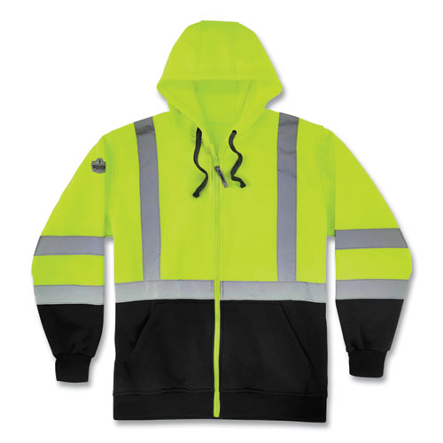 Glowear 8372 Zipup Hivis Class 3 Zip Hood Sweatshirt W/ Black Bottom, Polar Fleece, Lime, Medium, Ships In 1-3 Business Days