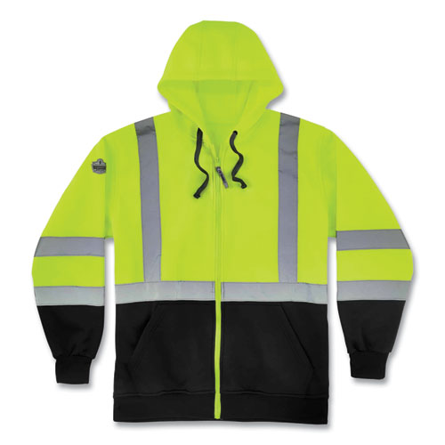 Glowear 8372 Zipup Hivis Class 3 Zip Hood Sweatshirt W/ Black Bottom, Polar Fleece, Lime, Medium, Ships In 1-3 Business Days