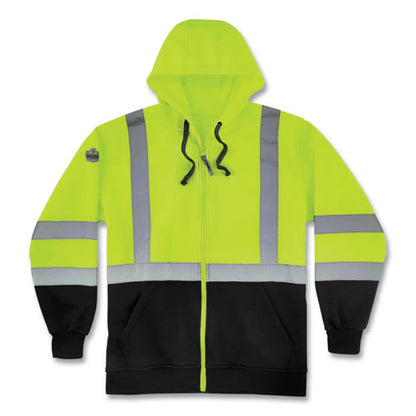 Glowear 8372 Zipup Hivis Class 3 Zip Hood Sweatshirt W/ Black Bottom, Polar Fleece, Lime, Medium, Ships In 1-3 Business Days