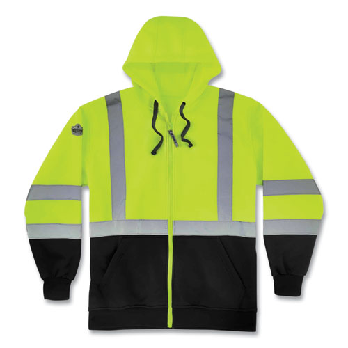 Glowear 8372 Zipup Hivis Class 3 Zip Hood Sweatshirt W/ Black Bottom, Polar Fleece, Lime, Medium, Ships In 1-3 Business Days