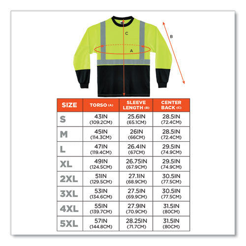Glowear 8291bk Type R Class 2 Black Front Long Sleeve T-shirt, Polyester, Small, Lime, Ships In 1-3 Business Days