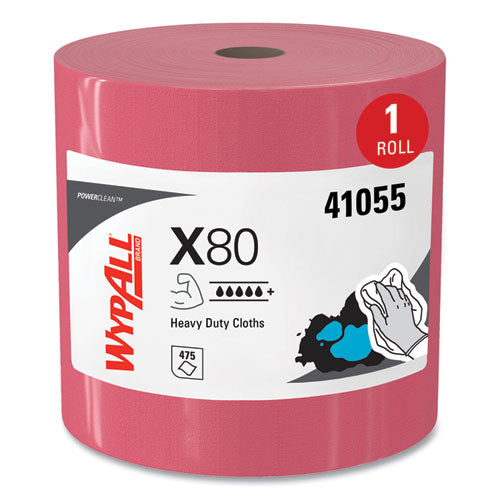 Power Clean X80 Heavy Duty Cloths, Jumbo Roll, 12.4 X 12.2, Red, 475 Wipers/roll
