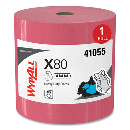 Power Clean X80 Heavy Duty Cloths, Jumbo Roll, 12.4 X 12.2, Red, 475 Wipers/roll