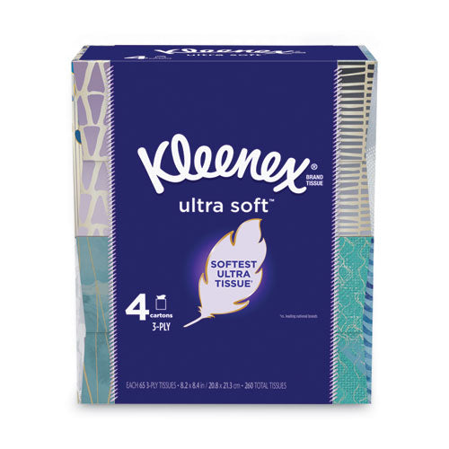 Ultra Soft Facial Tissue, 3-ply, White, 65 Sheets/box, 4 Boxes/pack