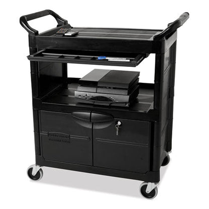 Utility Cart With Locking Doors, Plastic, 3 Shelves, 200 Lb Capacity, 33.63" X 18.63" X 37.75", Black